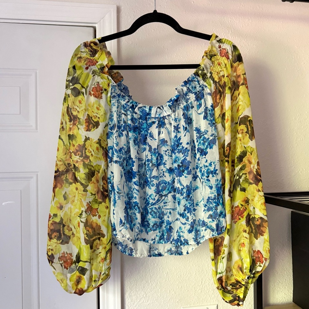 Rococo Sand blue yellow floral silk puff long sleeve‎ square neck blouse shirt